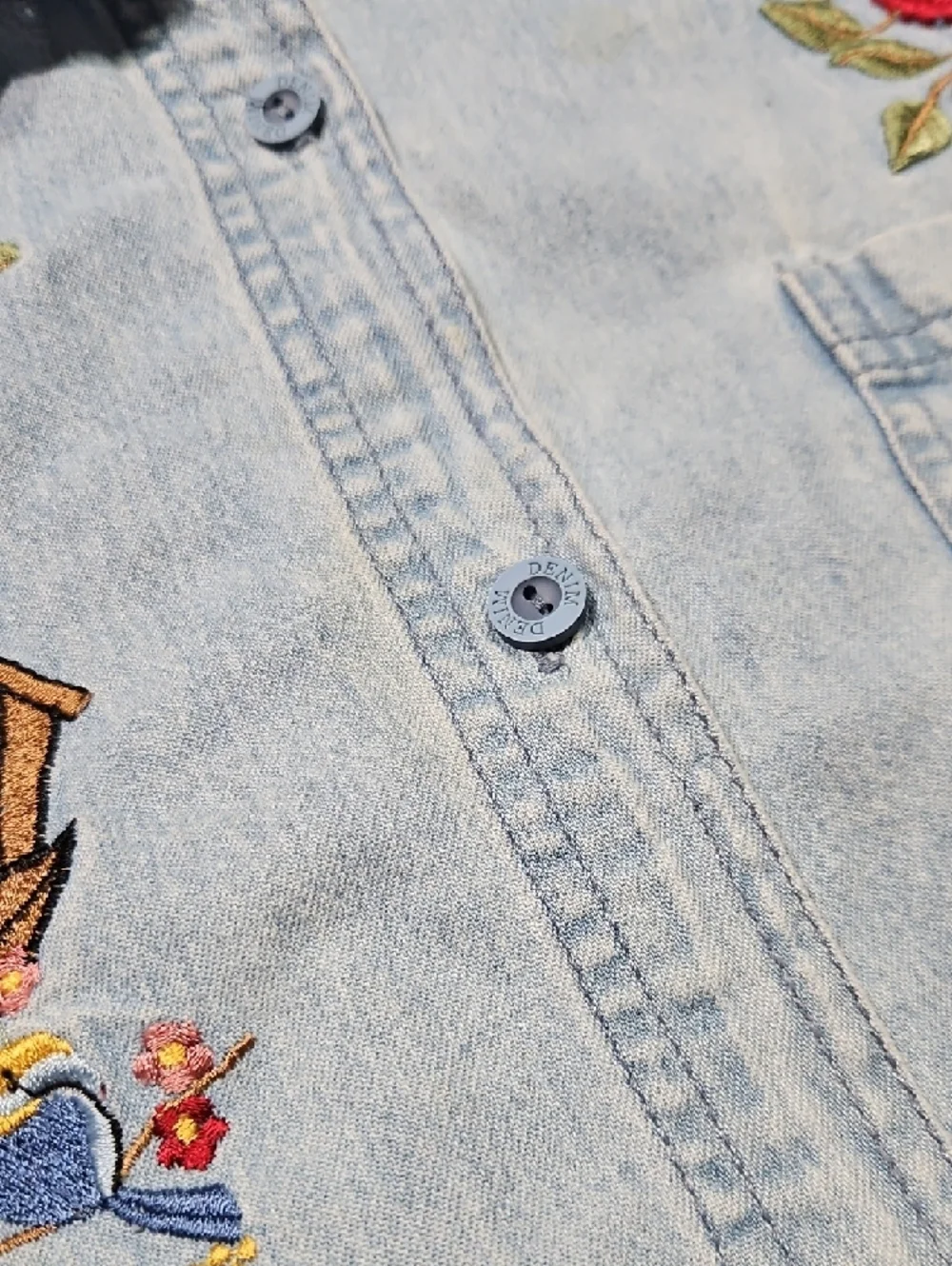 Vintage Light Wash Denim Button-Down Shirt with Cardinal Embroidery, Size Large - Picture 7 of 13